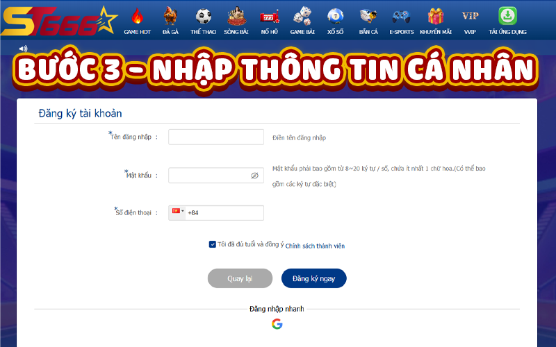 Nhập thông tin đăng ký ST666
