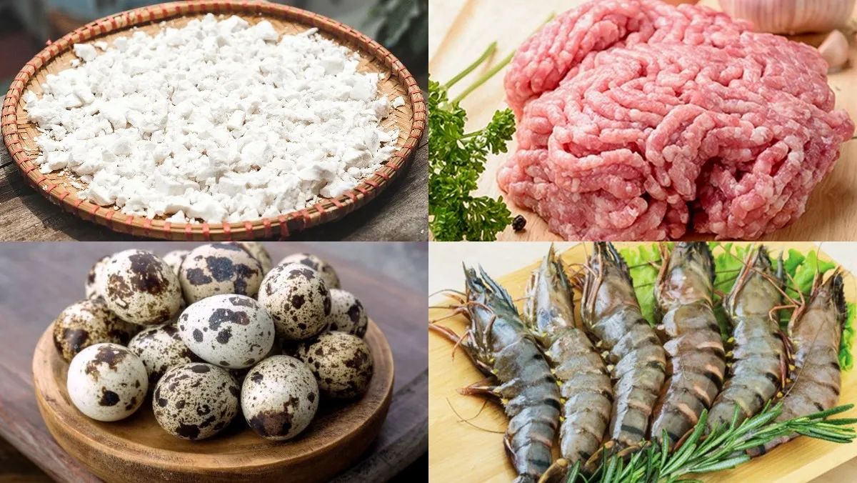 Sơ chế nguyên liệu và sợi bánh canh bột gạo cho món tôm thịt bằm