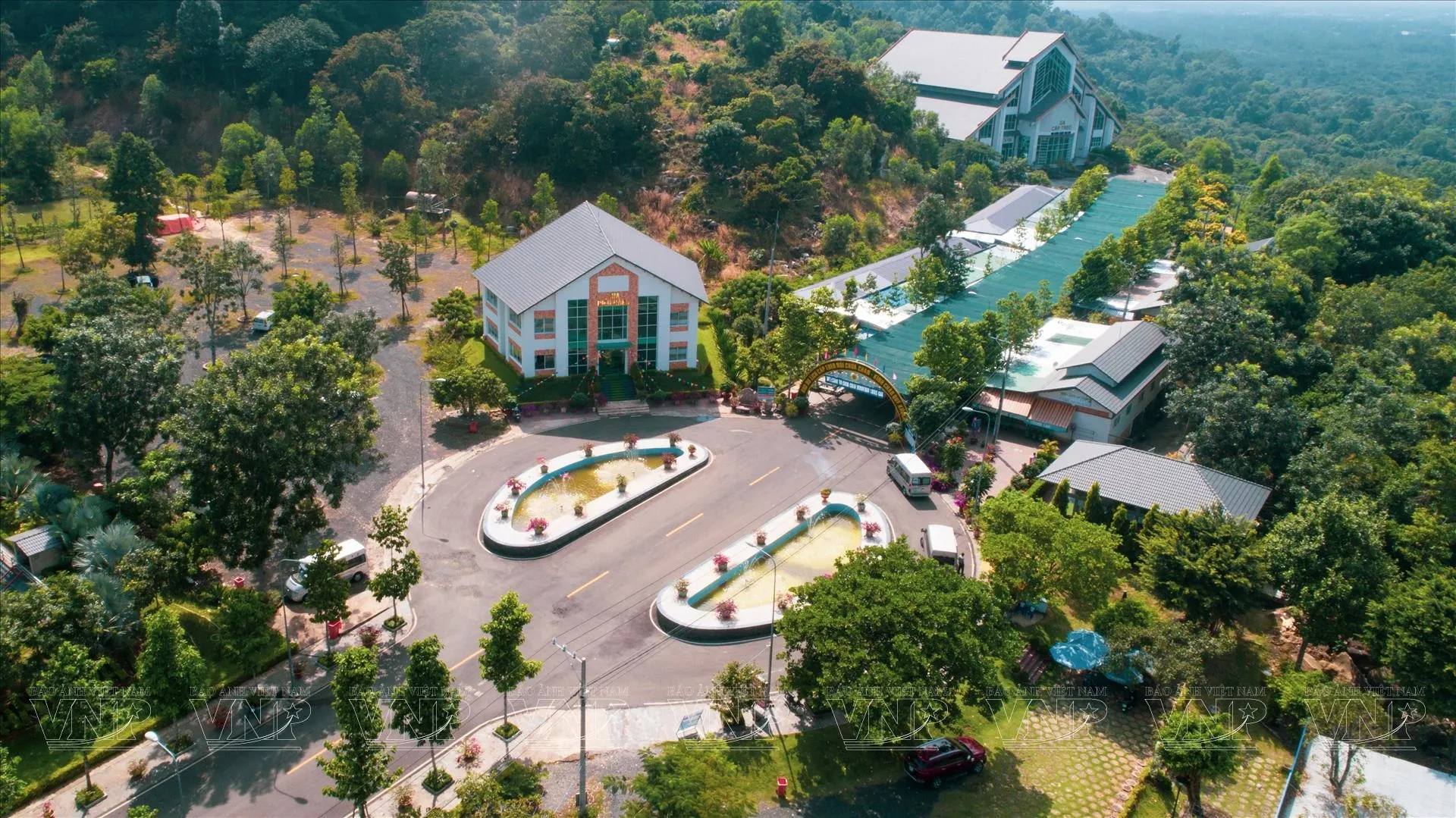 Cabin cáp treo trên nền rừng núi Chứa Chan, góc nhìn từ trên cao