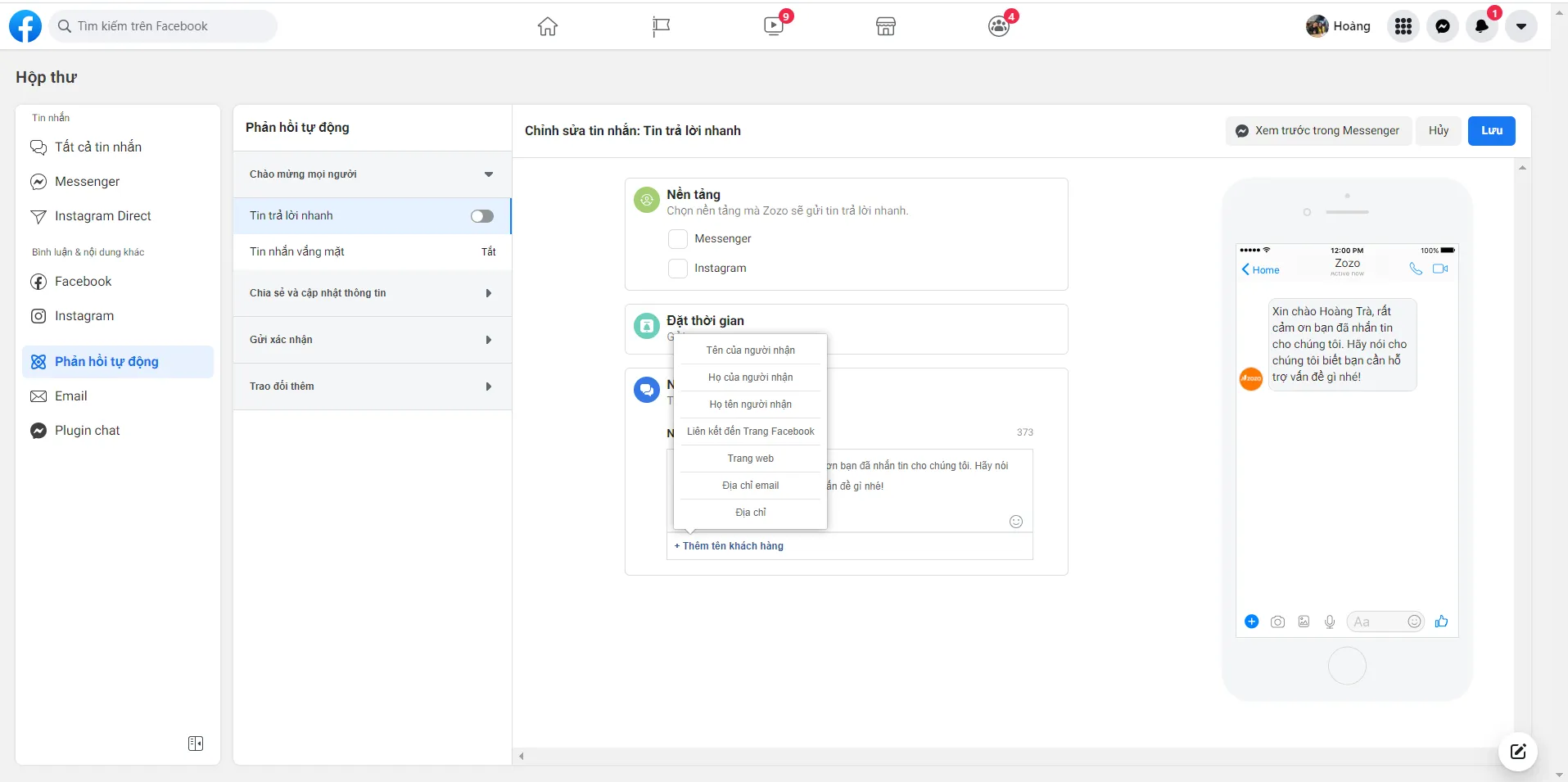 Ví dụ cá nhân hóa tin nhắn tự động bằng tên người nhận trên Messenger fanpage