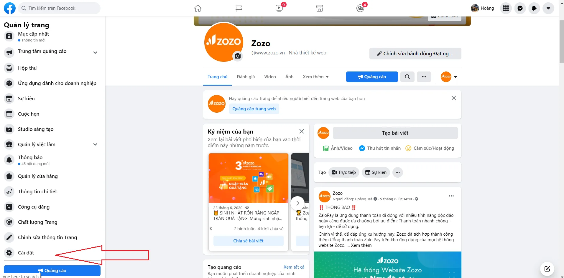 Màn hình Cài đặt Trang fanpage Facebook – mục Nhắn tin và trả lời tự động
