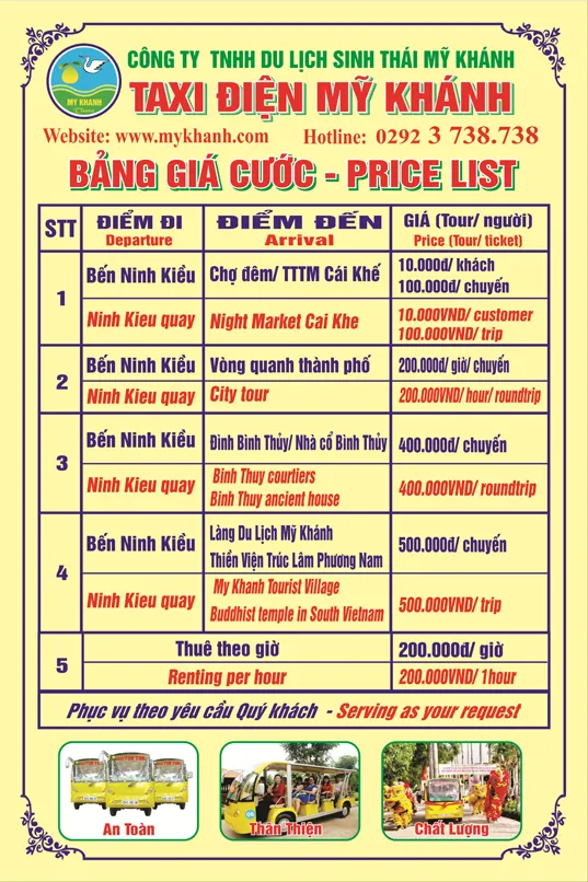 Xe điện vàng Mỹ Khánh vận hành trên các tuyến trung tâm thành phố Cần Thơ theo phạm vi được cấp phép