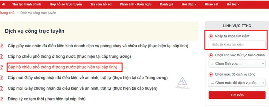 Chọn thủ tục cấp hộ chiếu phổ thông trên Cổng DVC Bộ Công an – giao diện tra cứu thủ tục