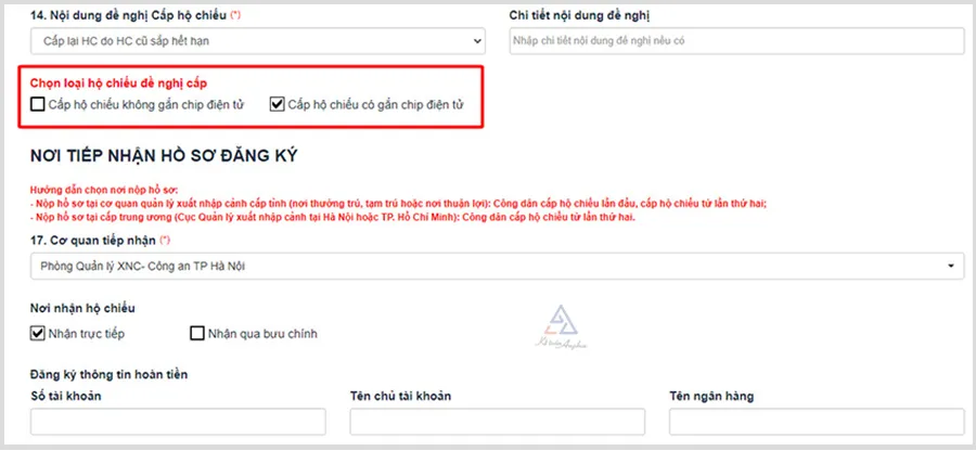 Chọn nơi nhận hộ chiếu mới – nhận trực tiếp hoặc qua bưu chính, điền địa chỉ nhận chính xác