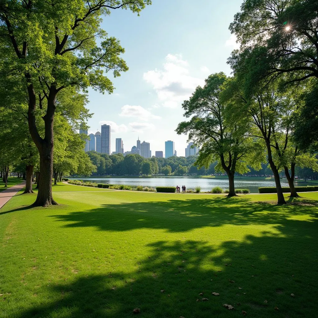 Toàn cảnh Hồ Đền Lừ và vườn hoa xanh mát