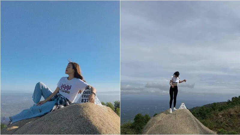 Cột mốc 837m tại chóp đỉnh núi Chứa Chan để check-in