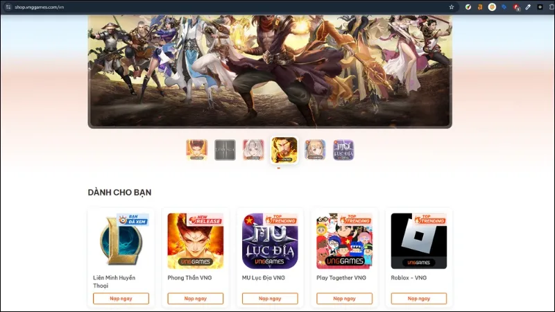 Giao diện website shop.vnggames.com mua thẻ Zing