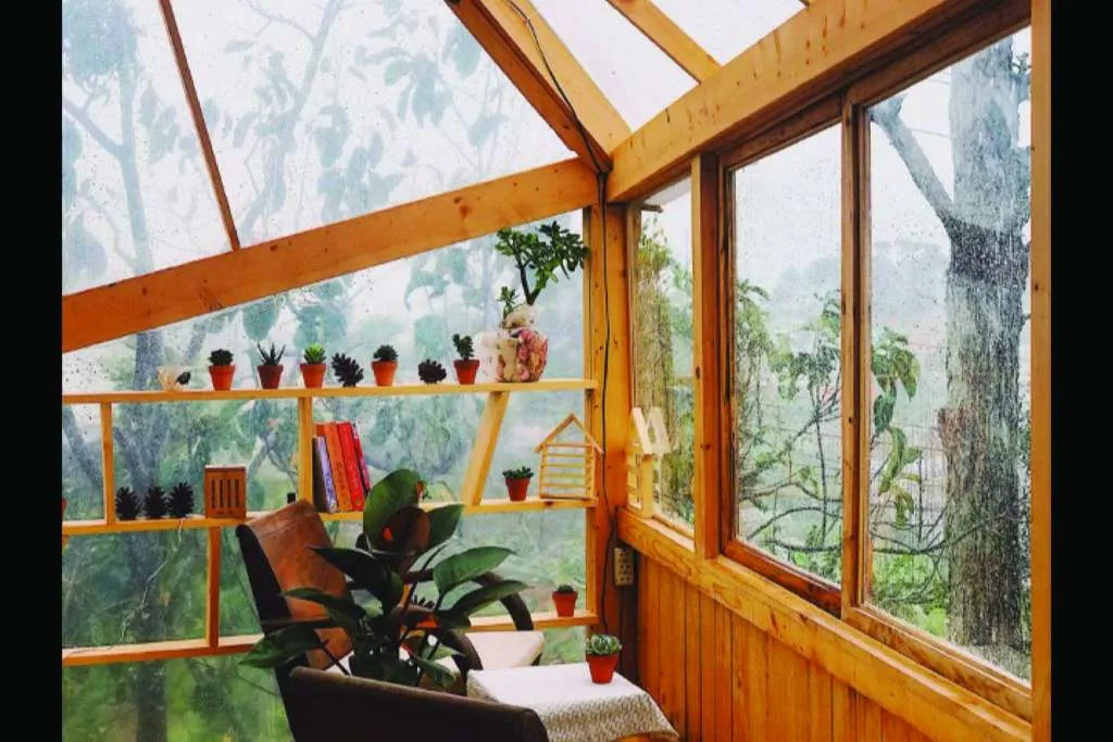 Không gian gỗ mộc và sân vườn tại Tiệm Cafe Túi Mơ To