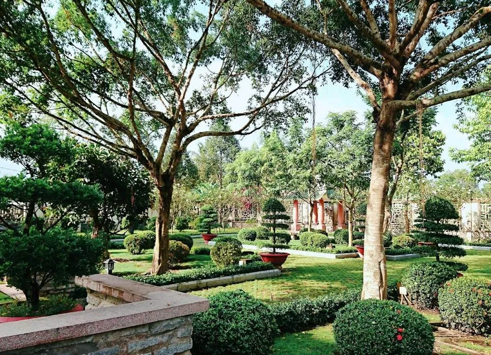 Lối đi rợp bóng cây và khu thờ tự trang nghiêm trong lăng mộ Thủ khoa Bùi Hữu Nghĩa